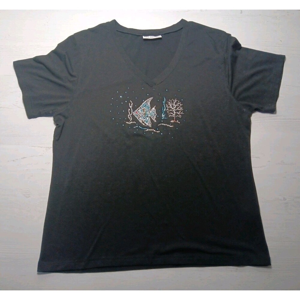 Knot Nautical Tropical Fish Coral Shirt L  Black Short Sleeve Rhinestones Bling